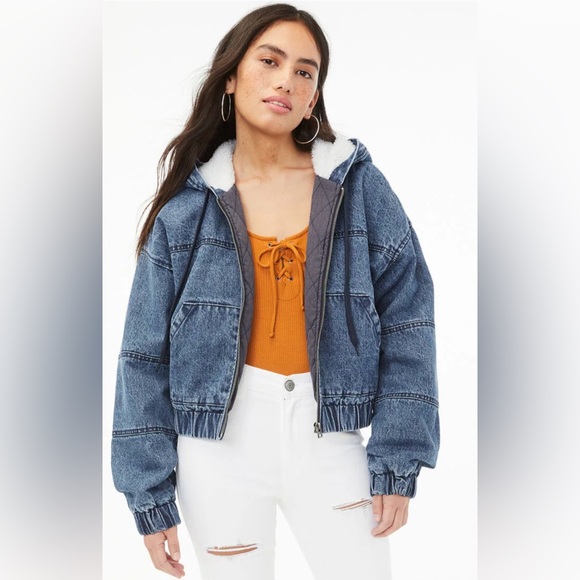 Aéropostale Sherpa Lined Denim Hoodie Jacket Medium Cozy 90s Y2K Style - Picture 1 of 13